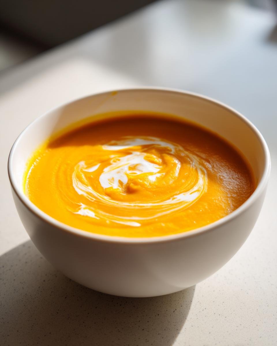 Close-up of vibrant orange Butternut Squash Soup garnished with a swirl of cream.