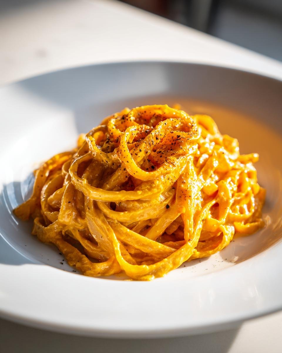 A close-up of fettuccine coated in rich, orange Pumpkin Alfredo Pasta sauce, topped with cracked black pepper.