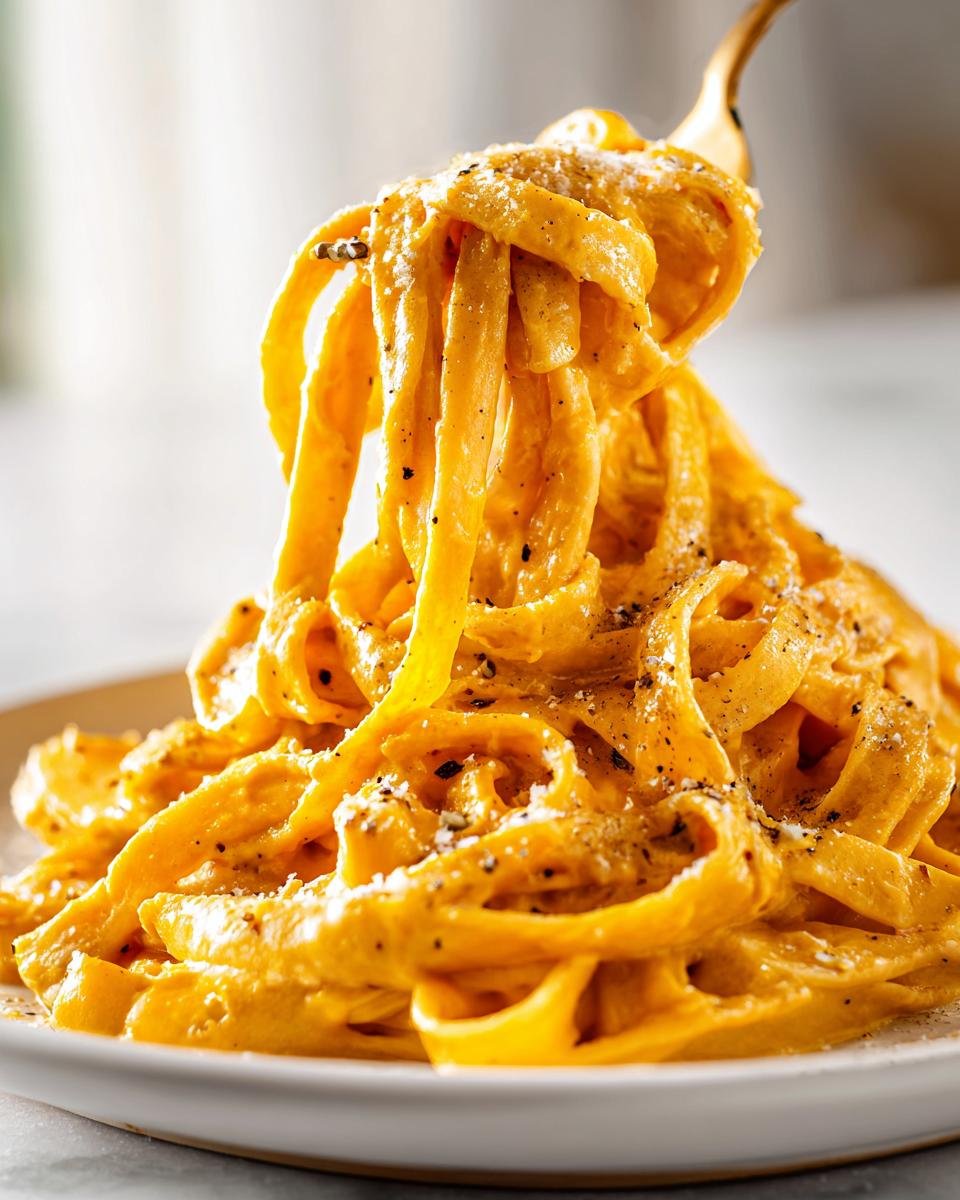 Close-up of fettuccine coated in creamy orange Pumpkin Alfredo Pasta being lifted by a gold fork.
