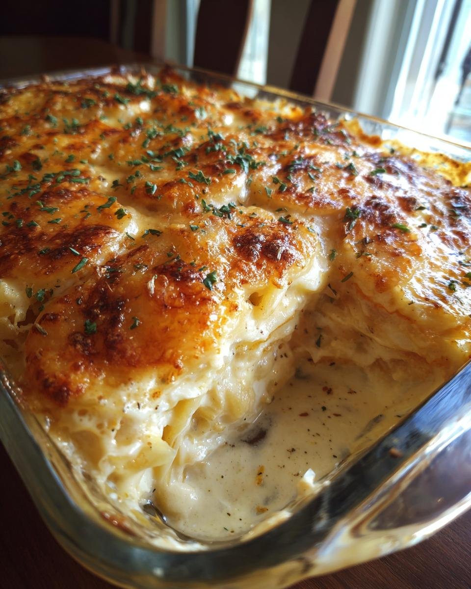 Close-up of creamy, cheesy Scalloped Potatoes baked until golden brown and topped with parsley.
