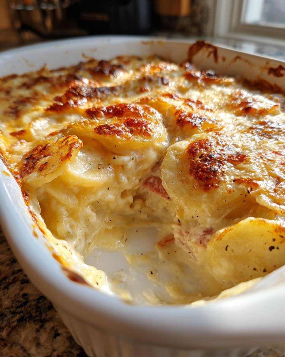 Close-up of baked Scalloped Potatoes in a white dish, showing creamy sauce and a browned, cheesy top.