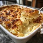 A spoonful of creamy Scalloped Potatoes being lifted from a white baking dish showing the cheesy, browned top.