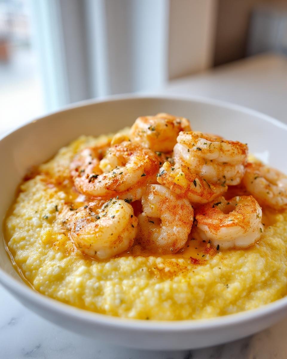 A close-up of creamy, yellow grits topped with seasoned, perfectly cooked shrimp in a white bowl, ready to eat.