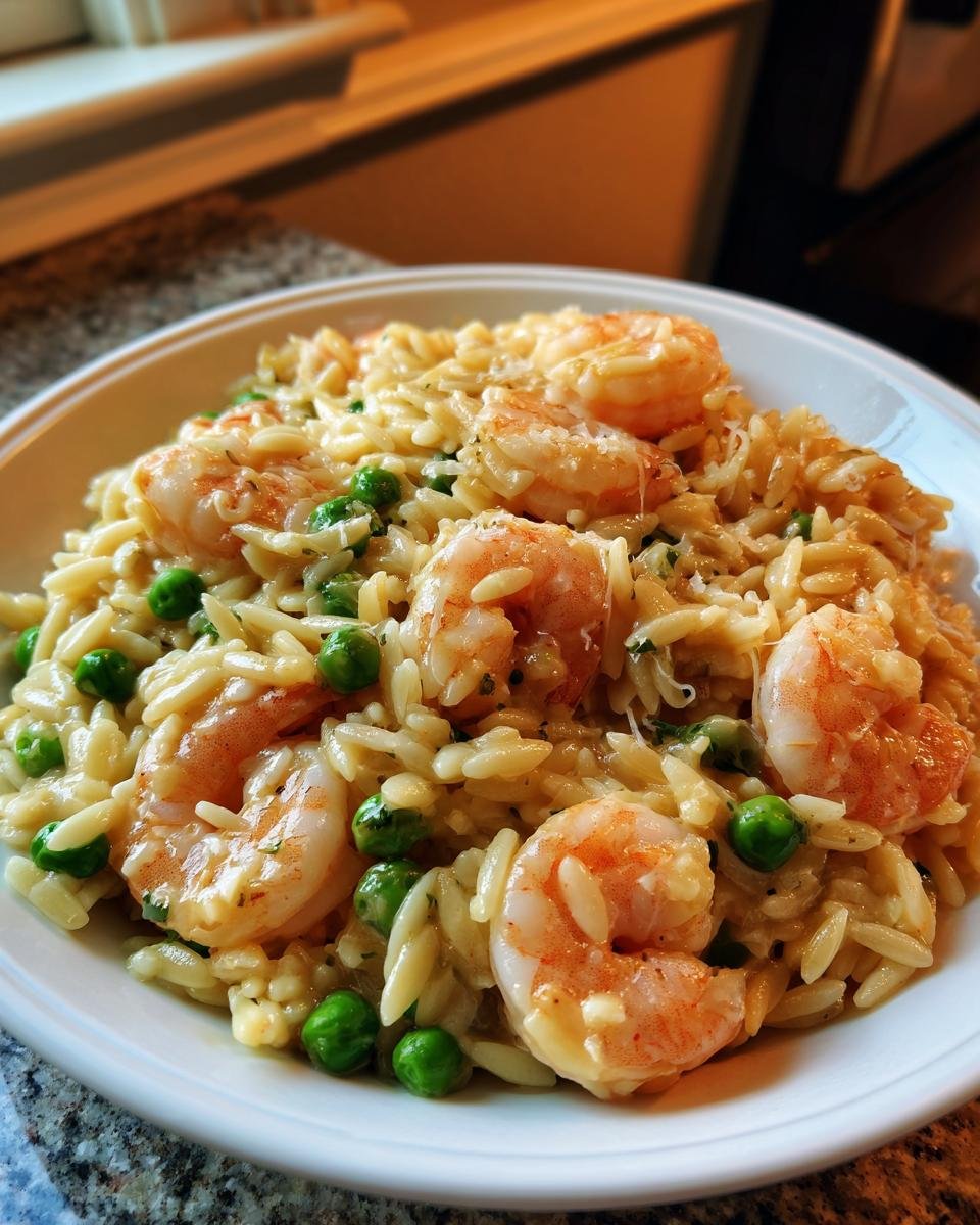 A close-up, appetizing shot of creamy Shrimp Orzo mixed with bright green peas, served in a white bowl.