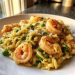 A close-up of creamy Shrimp Orzo mixed with bright green peas, topped with Parmesan cheese and fresh herbs.