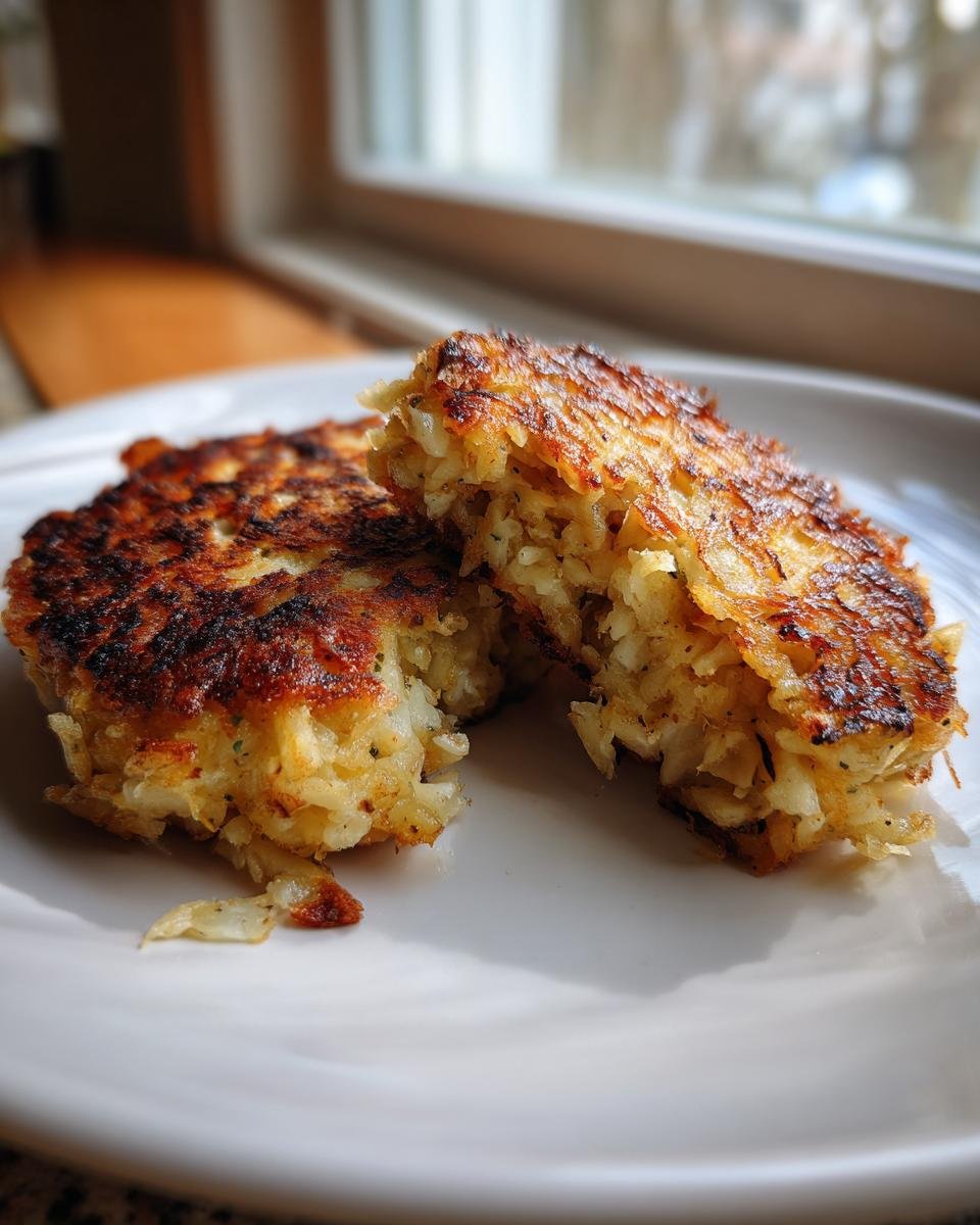 Close-up of two golden-brown Cabbage Burgers on a white plate, one split open showing the shredded texture inside.
