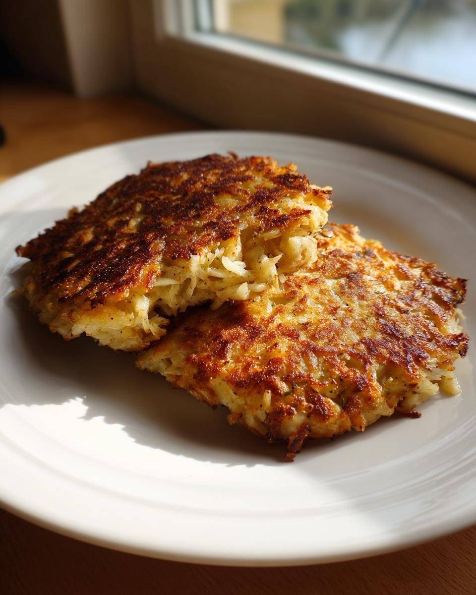 Two golden brown, pan-fried patties resembling potato latkes, likely Cabbage Burgers, served on a white plate near a window.