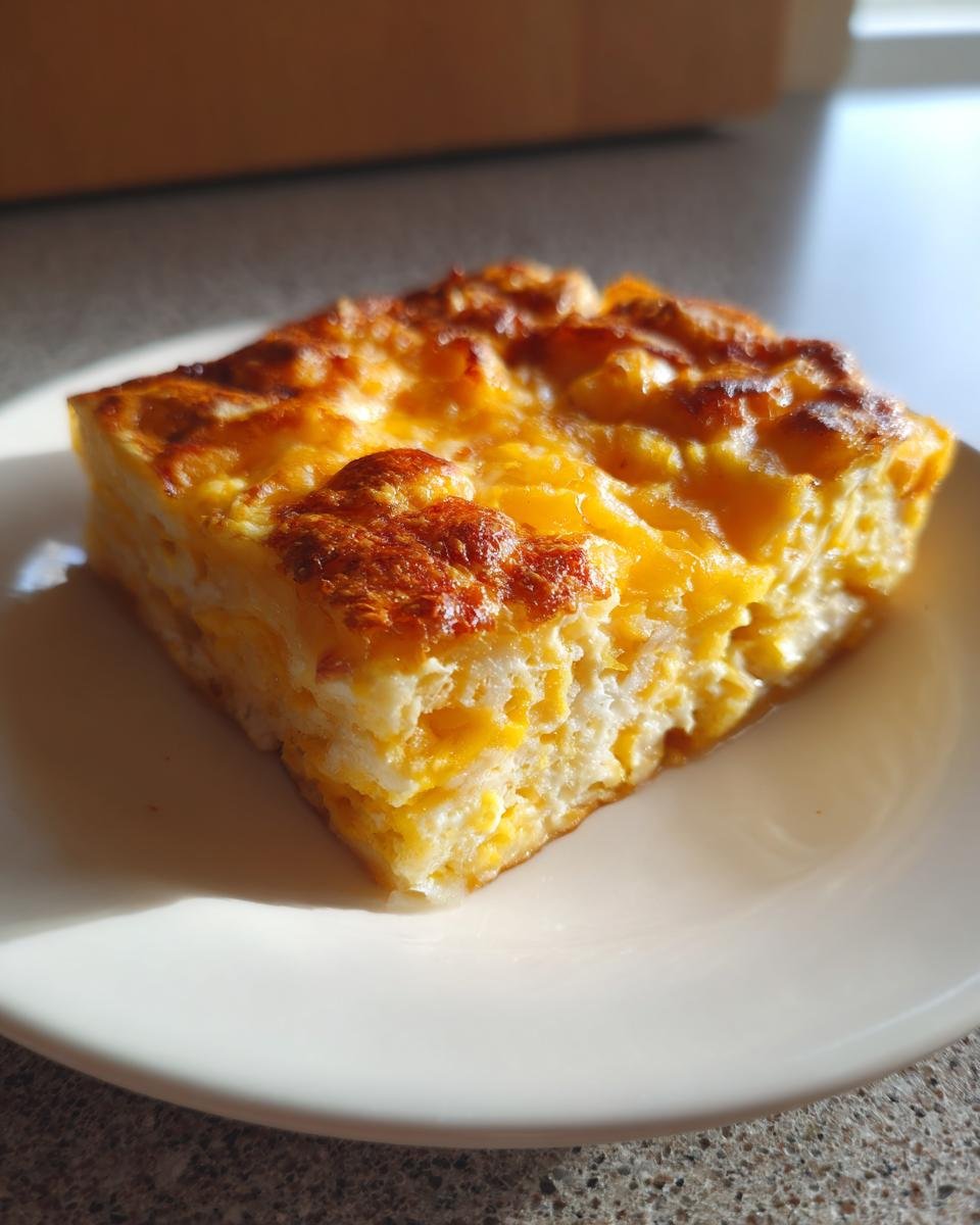 A square serving of golden-brown Croissant Breakfast Casserole on a white plate.
