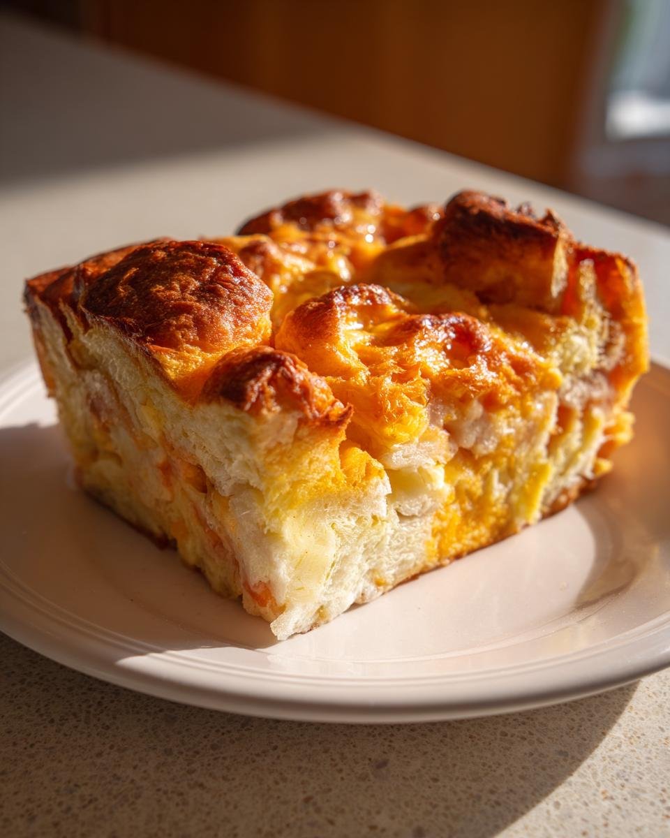 A single, golden-brown square slice of Croissant Breakfast Casserole on a white plate.