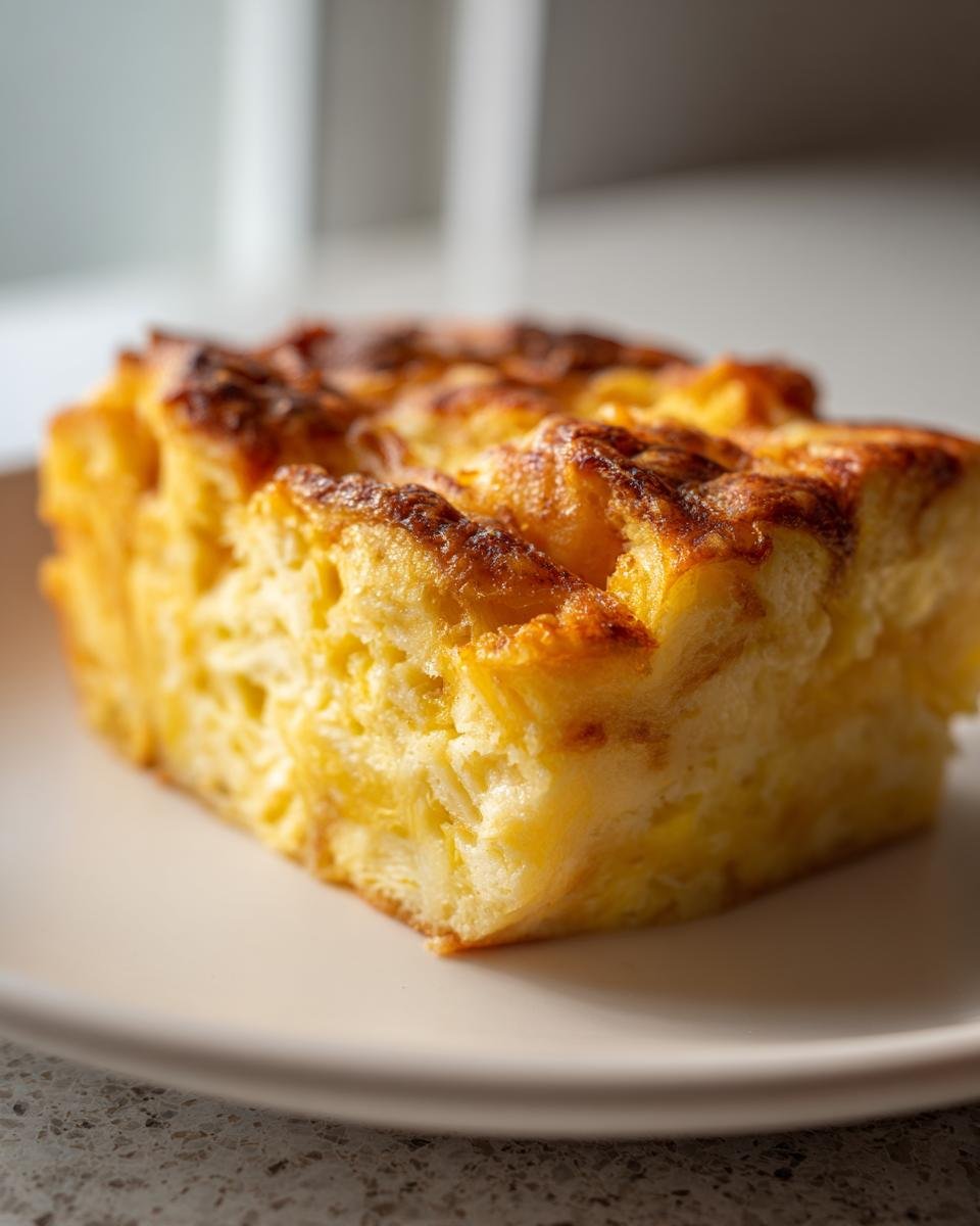 A close-up of a golden-brown slice of Croissant Breakfast Casserole on a white plate.