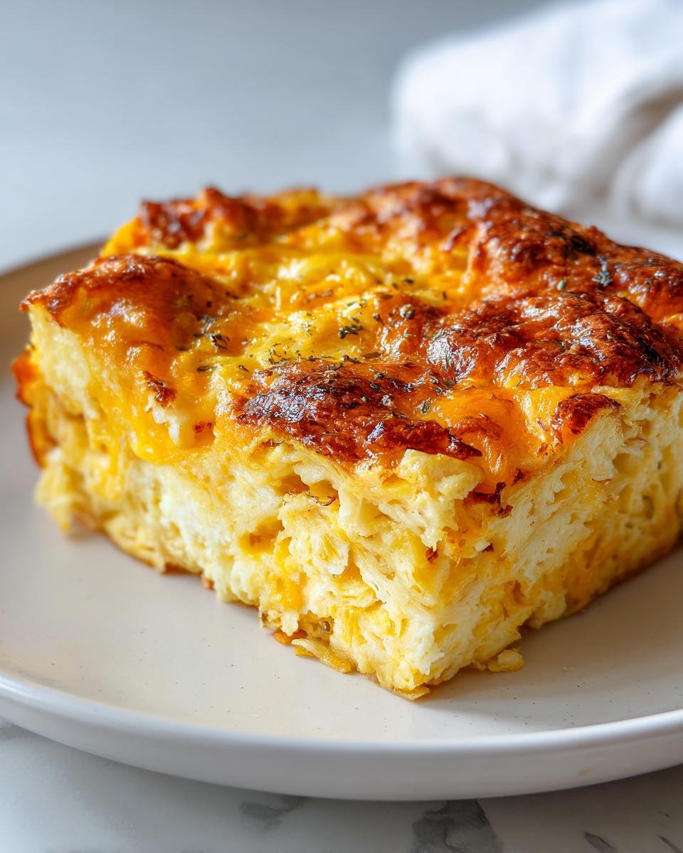 A close-up of a baked square slice of Croissant Breakfast Casserole with a golden, cheesy top.