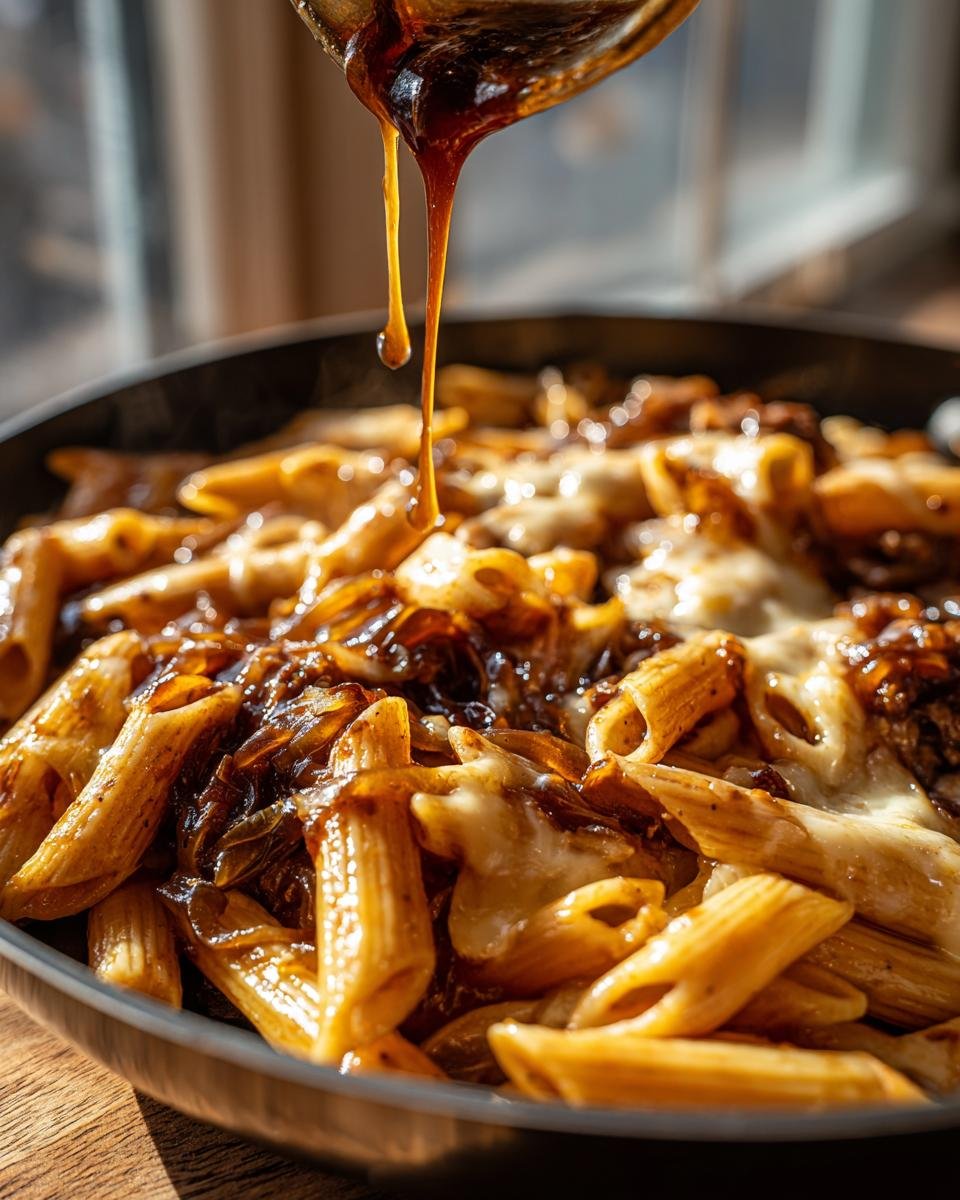 A spoonful of rich, dark sauce is drizzled over steaming penne pasta topped with melted cheese in a skillet, making French Onion Pasta.