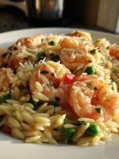 A close-up of creamy Shrimp Orzo pasta mixed with peas, topped with grated cheese and fresh parsley.