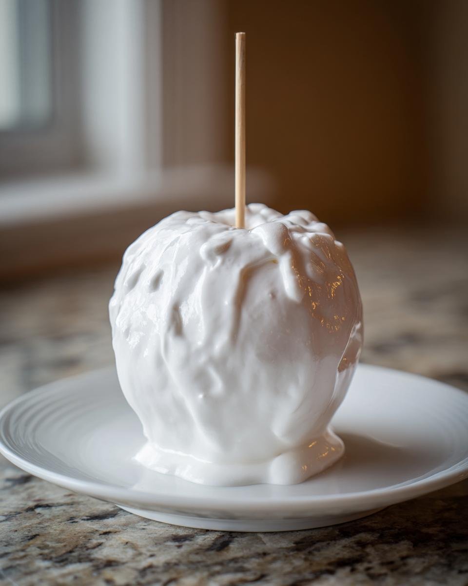A single, freshly coated marshmallow apples treat on a white plate, ready to eat.