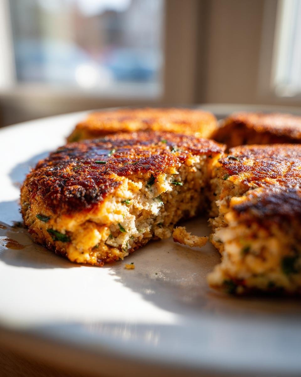 Close-up of a golden-brown, pan-seared Salmon Burgers patty broken open to show the flaky texture inside.