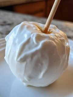 A single, whole apple covered in thick, fluffy white marshmallow coating, served on a white plate with a wooden stick inserted. This is a Marshmallow Apple.