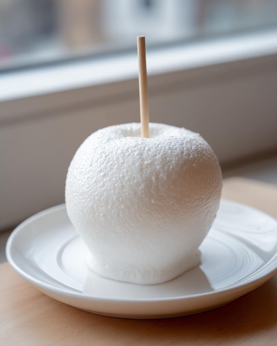 A single, perfectly coated Marshmallow Apples treat, fluffy white, resting on a small white saucer.