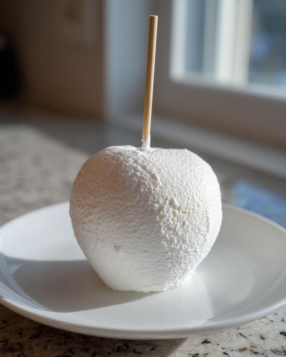A single, perfectly coated Marshmallow Apples treat on a white plate, ready to eat.