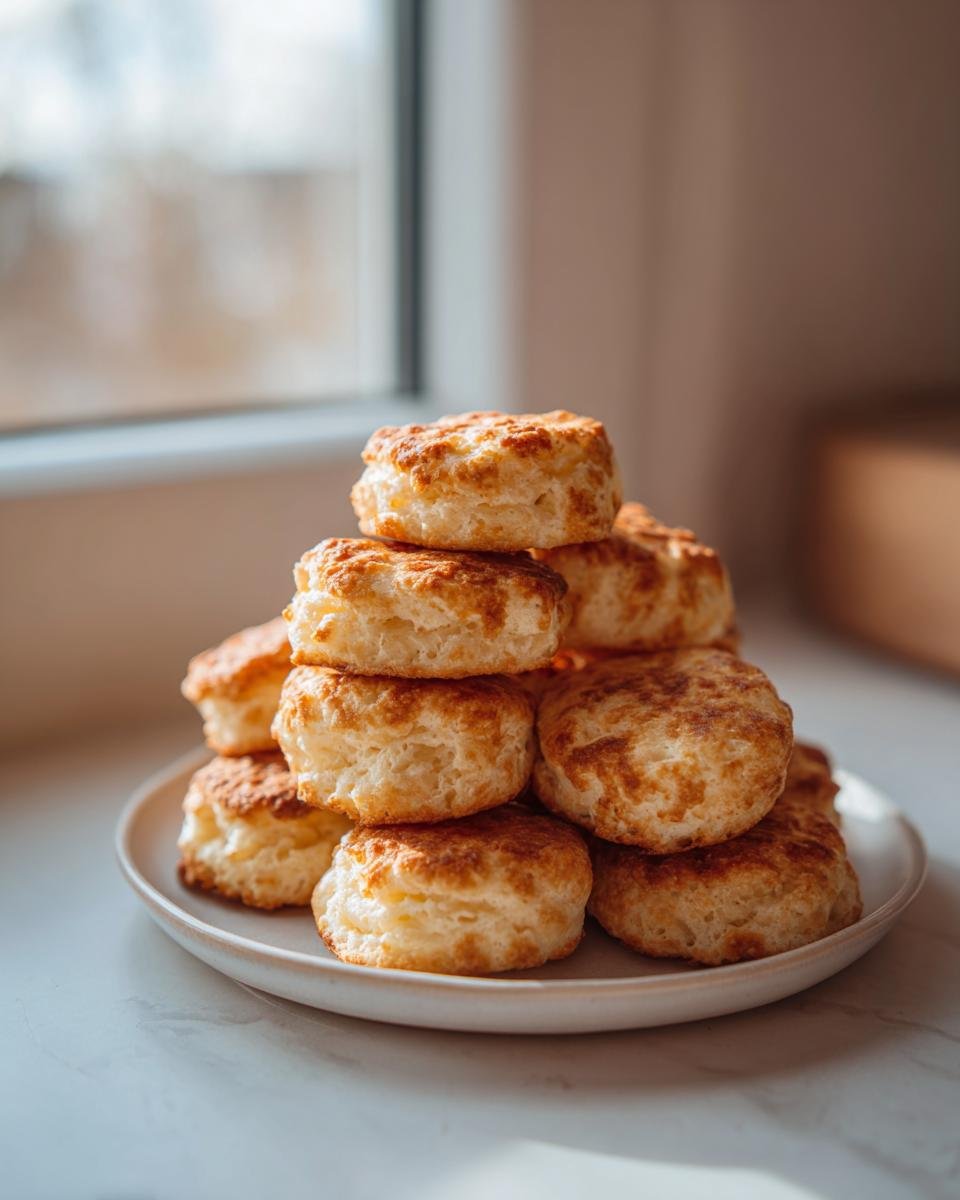 A stack of golden brown, fluffy Pancake Bites piled high on a white plate near a bright window.