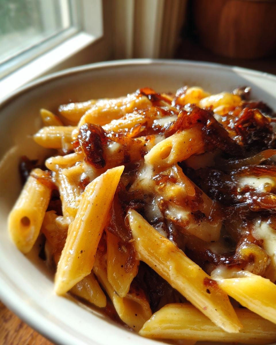 A close-up shot of creamy penne pasta topped with melted cheese and caramelized onions in French Onion Pasta.