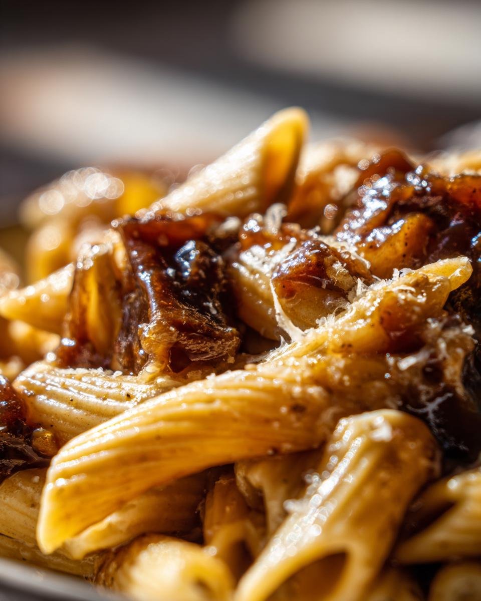 Macro shot of penne pasta coated in a rich sauce with dark, caramelized onions, typical of French Onion Pasta.