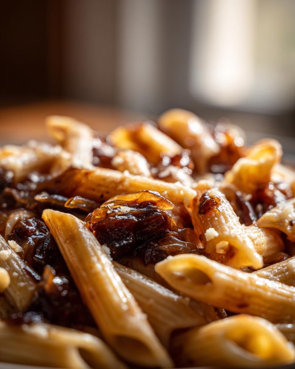 Close-up of penne pasta coated in a rich, dark sauce with caramelized onions, characteristic of French Onion Pasta.