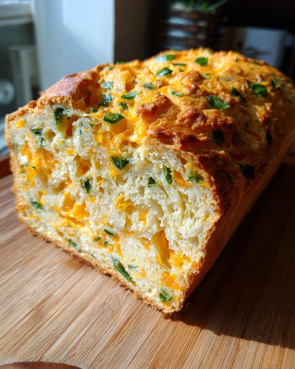 A golden-brown loaf of freshly baked Jalapeno Cheddar Bread, showing melted cheese and green jalapeno pieces throughout the crumb.