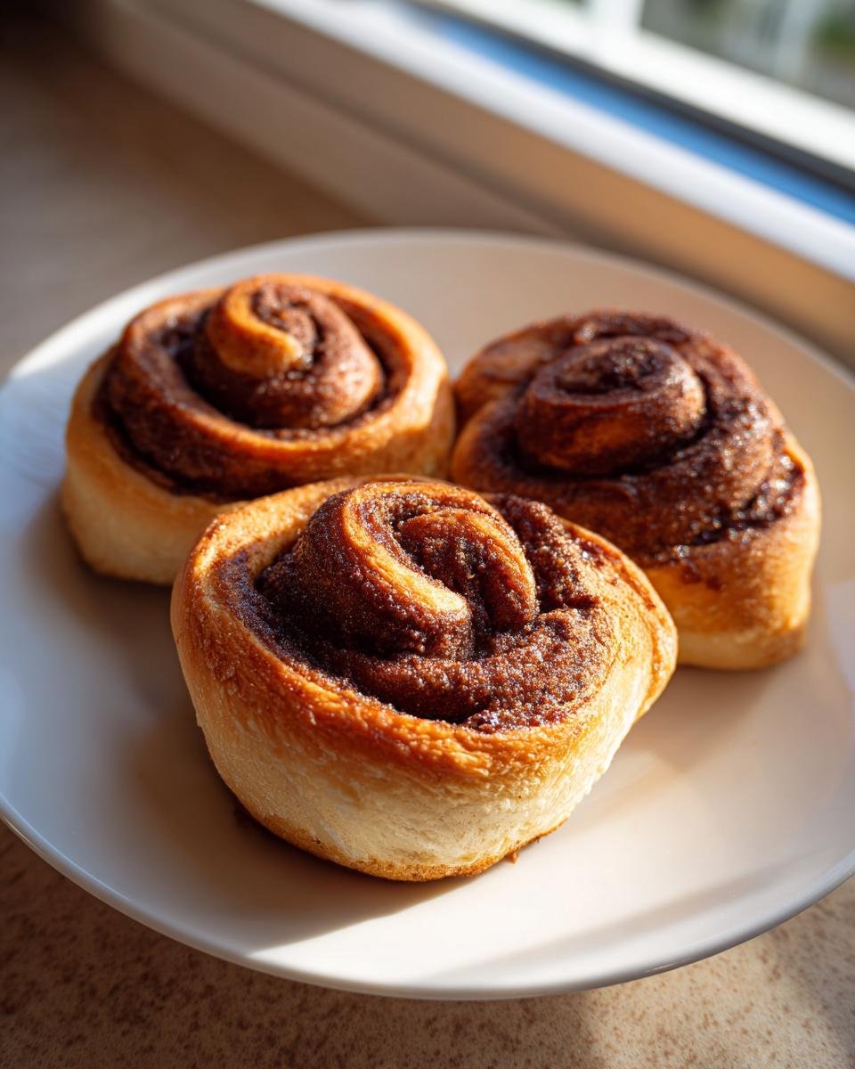 Three warm, golden-brown Nutella Rolls with dark, gooey centers sitting on a white plate near a window.