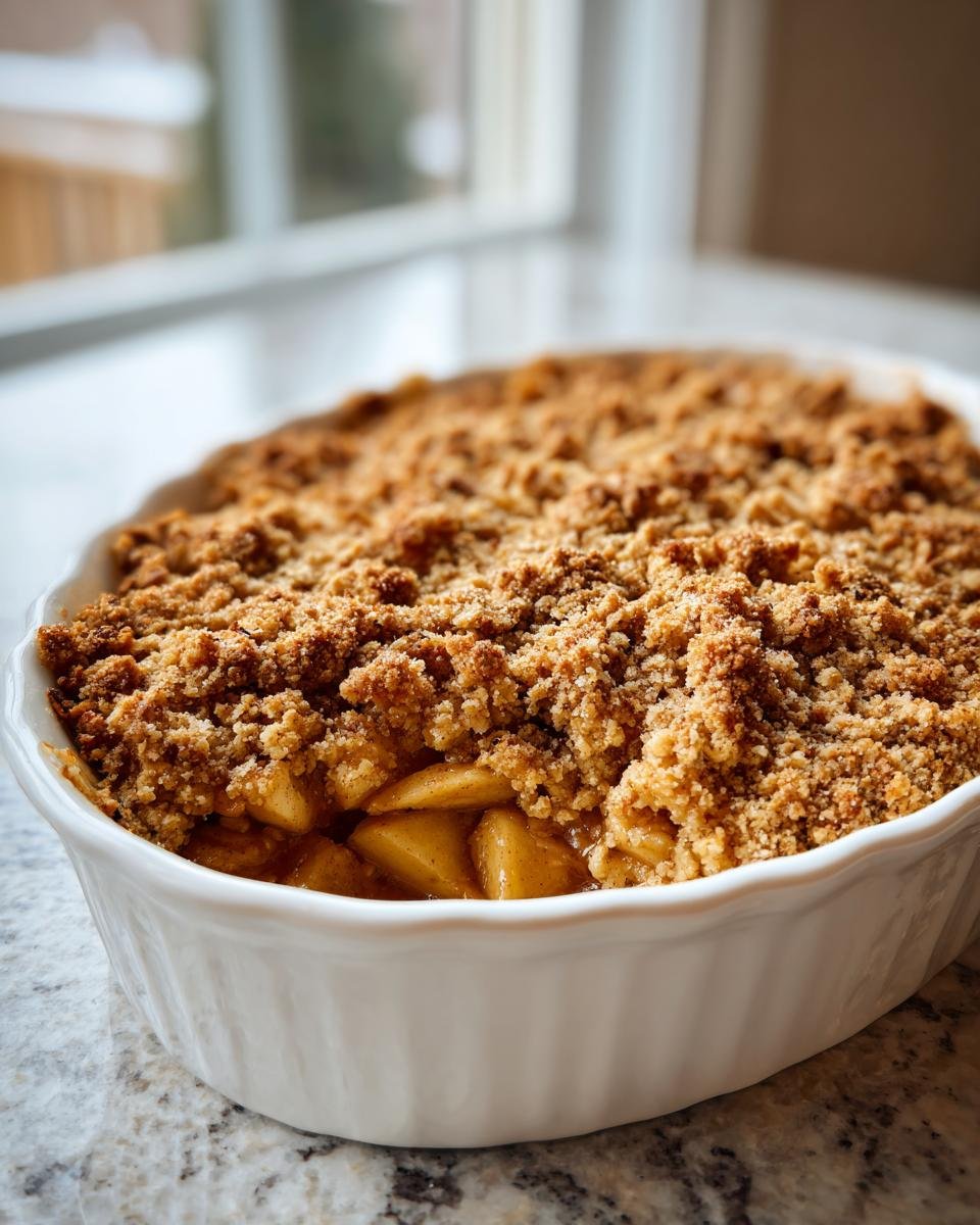 Close-up of a freshly baked Apple Crumble with a thick, golden-brown topping in a white oval baking dish.