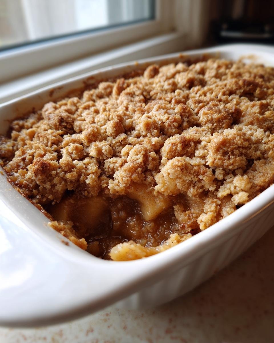 Close-up of a golden brown Apple Crumble with a thick, crumbly topping in a white baking dish.