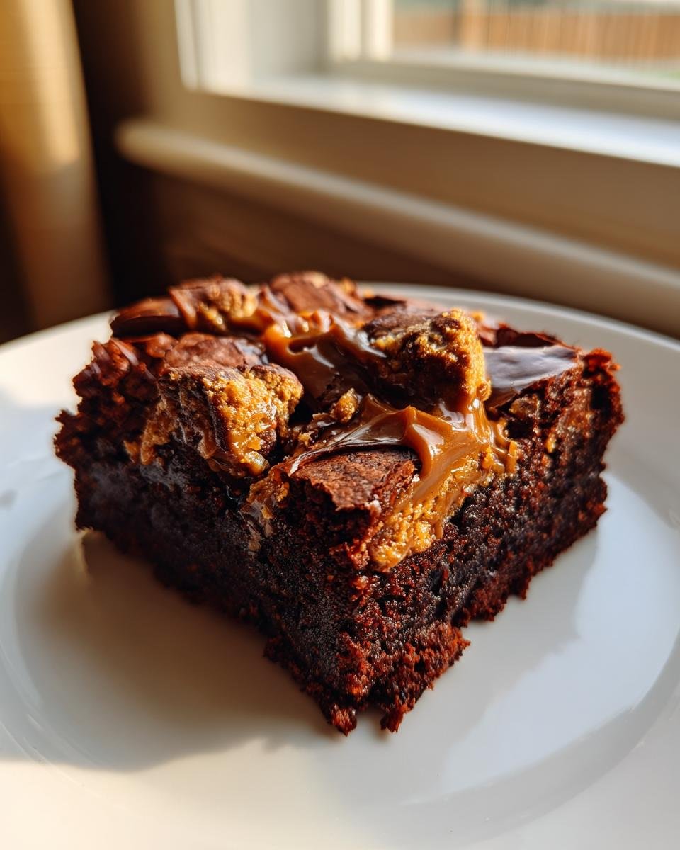 A single, fudgy square of Biscoff Brownies topped with melted caramel sauce and cookie pieces.