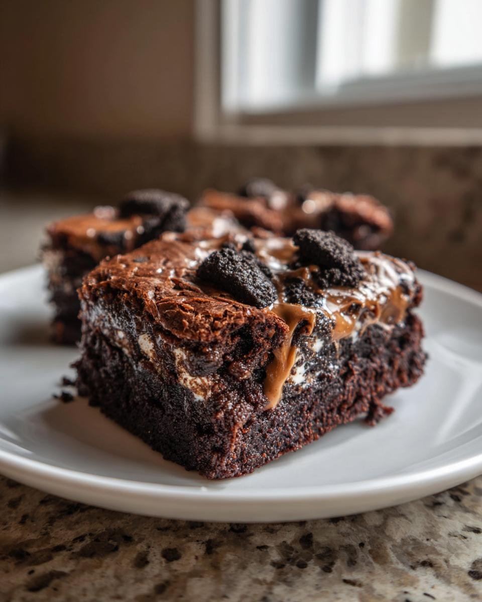 A rich, fudgy square of Biscoff Brownies topped with melted caramel and cookie crumbles on a white plate.