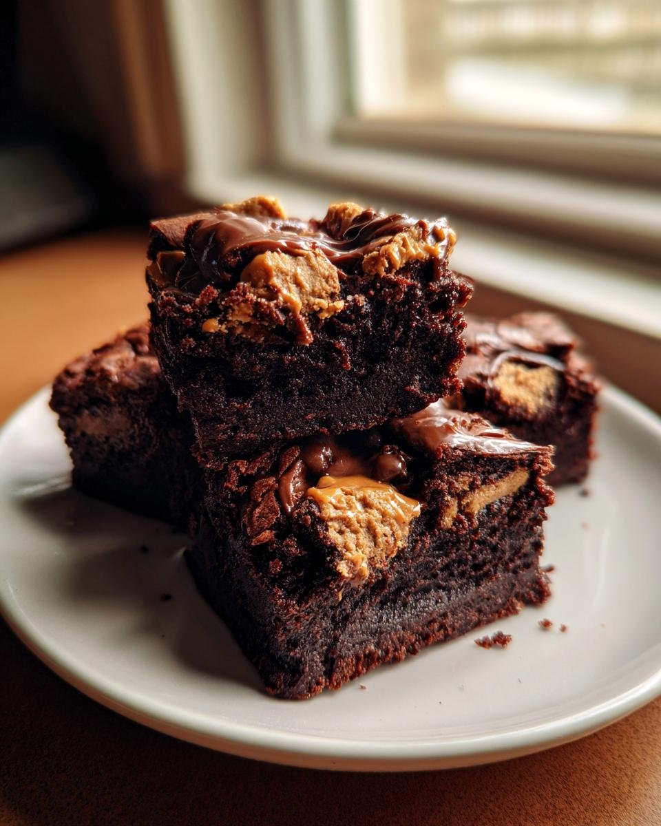 Close-up of stacked, fudgy Biscoff Brownies topped with melted chocolate and Biscoff spread chunks.