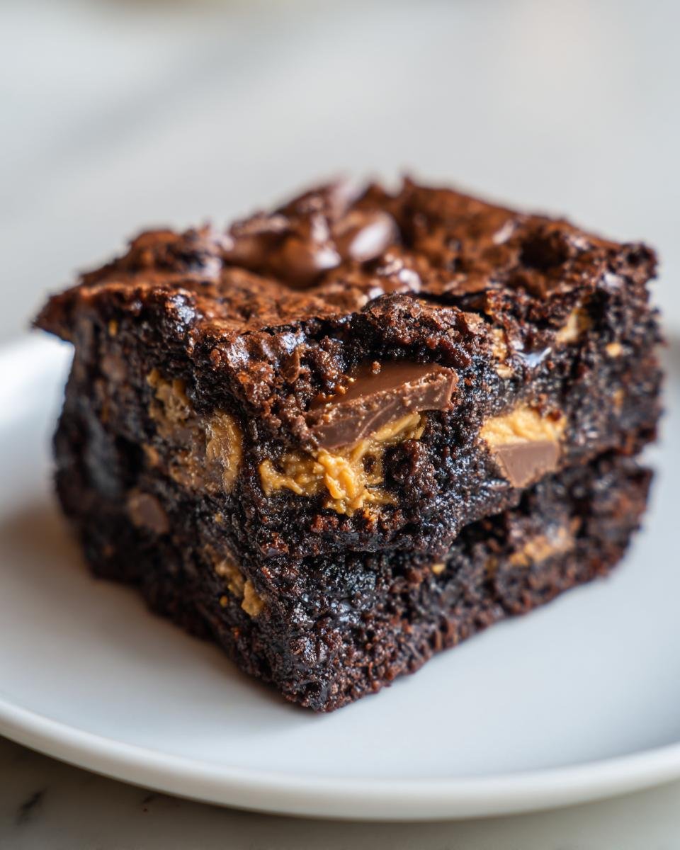 A single, thick, fudgy square of Reeses Brownies showing chunks of peanut butter filling and chocolate chips.