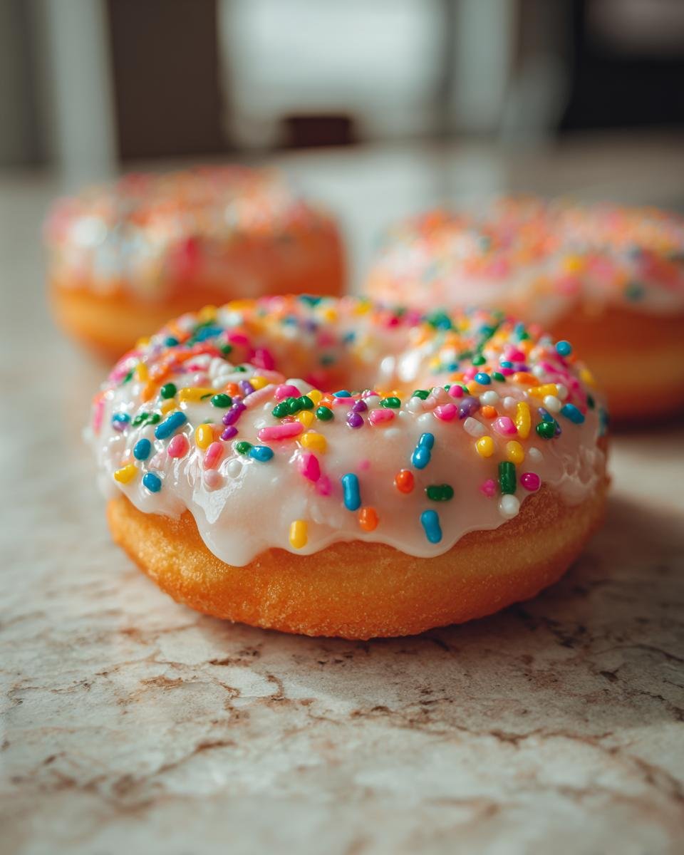 A close-up, shallow depth of field photo of a freshly glazed Funfetti Donut covered in colorful sprinkles.