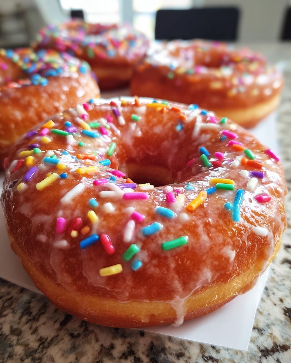 Close-up of a freshly glazed Funfetti Donut covered in colorful sprinkles, with more donuts blurred in the background.