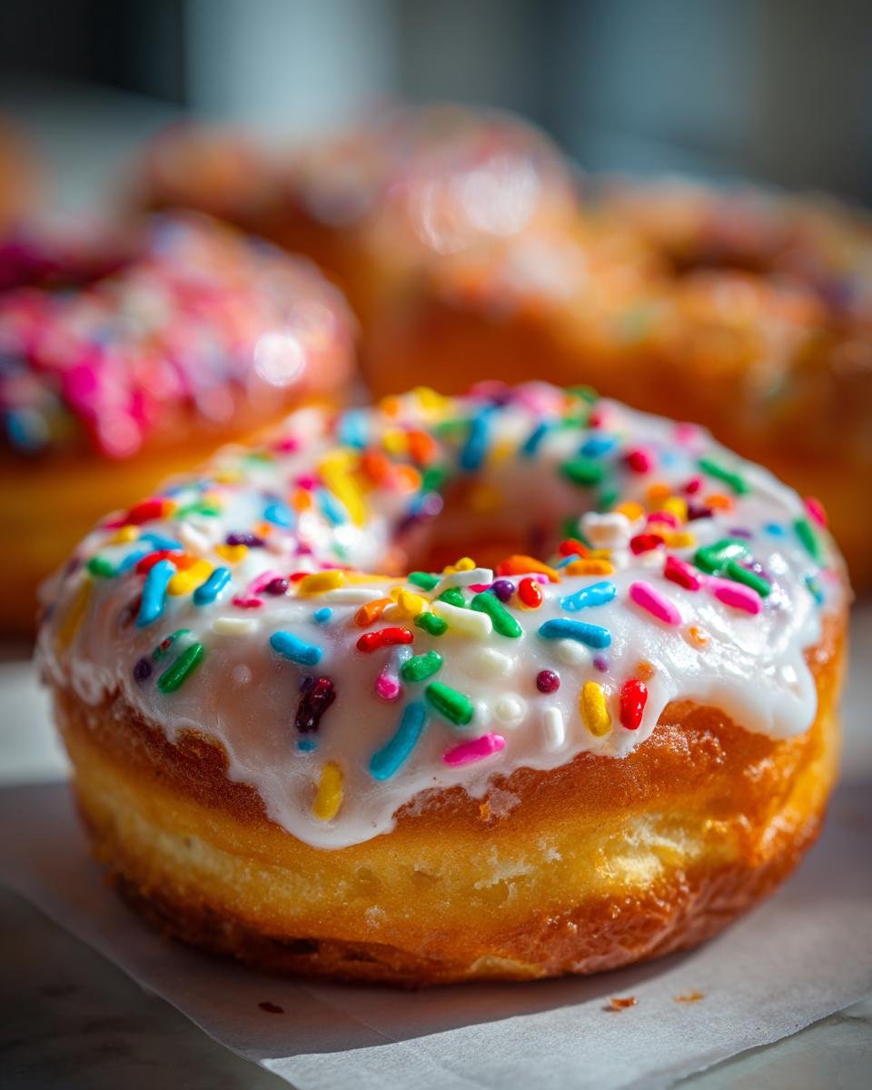 A close-up of a freshly glazed Funfetti Donut topped with colorful sprinkles, with more donuts blurred in the background.