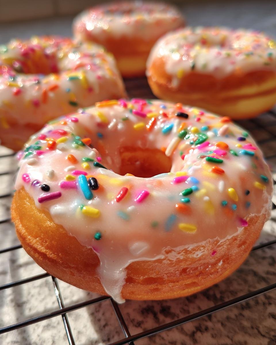 Close-up of a freshly glazed Funfetti Donut topped with colorful sprinkles resting on a cooling rack.