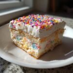 A square slice of Funfetti Icebox Cake layered with cream and colorful sprinkles on top.