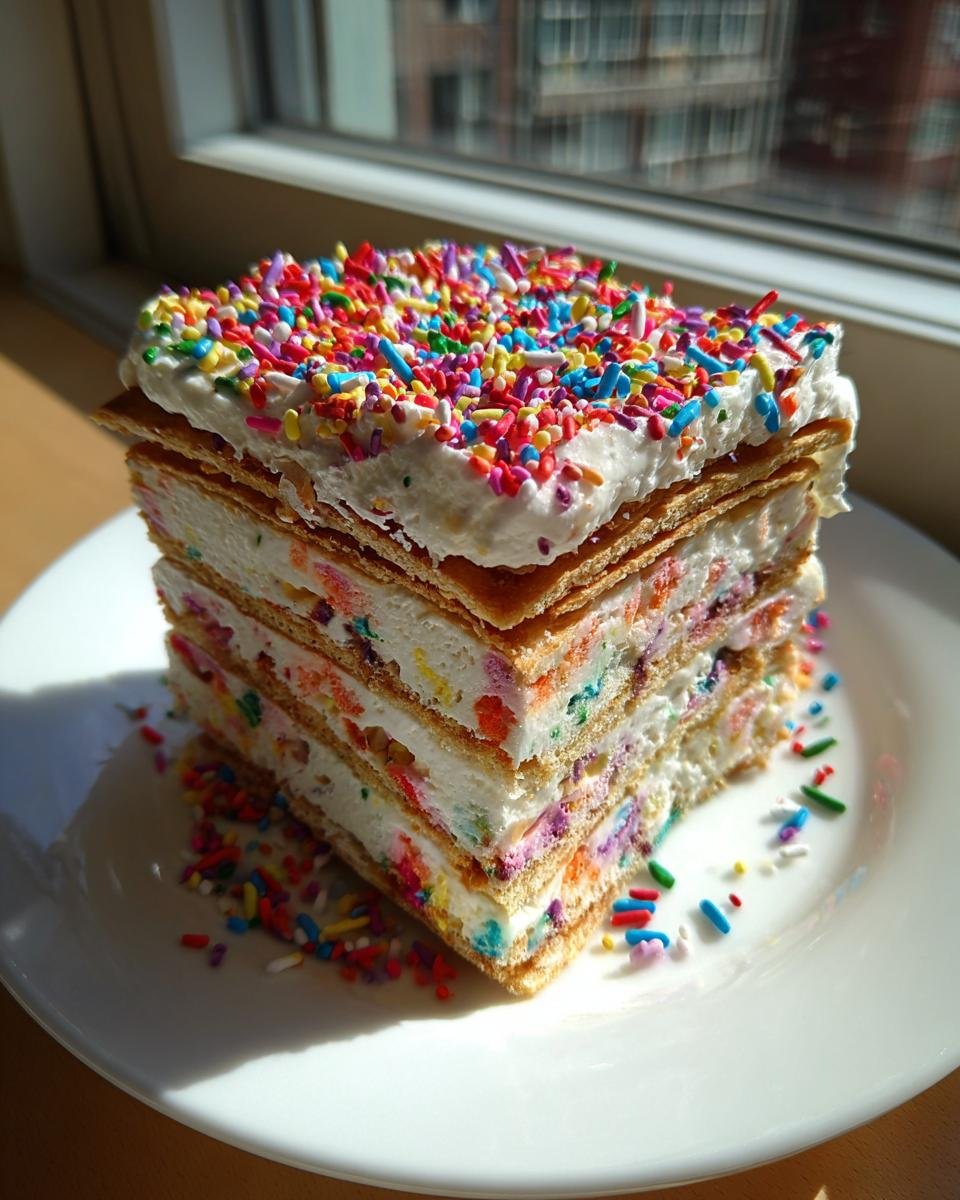 A tall, layered slice of Funfetti Icebox Cake topped with whipped cream and colorful sprinkles.