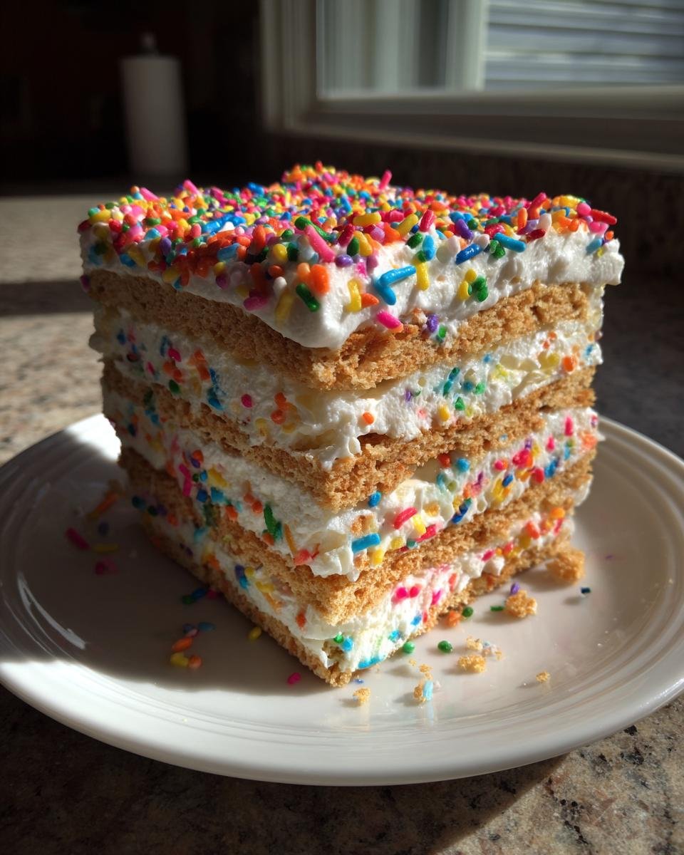 A tall slice of Funfetti Icebox Cake featuring layers of graham crackers, cream filling, and colorful sprinkles.