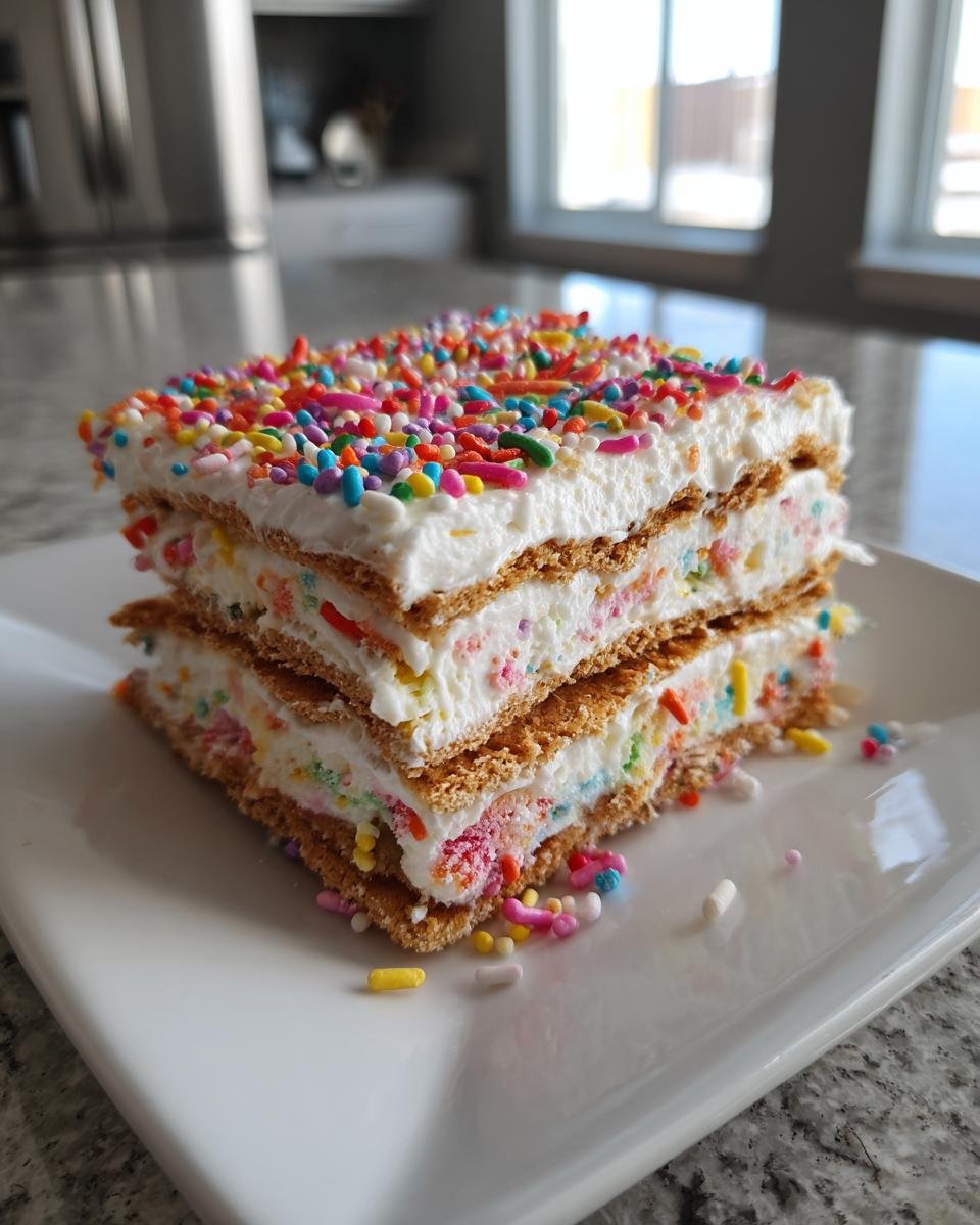 Two stacked slices of Funfetti Icebox Cake featuring layers of graham crackers, creamy filling with sprinkles, topped with more sprinkles.