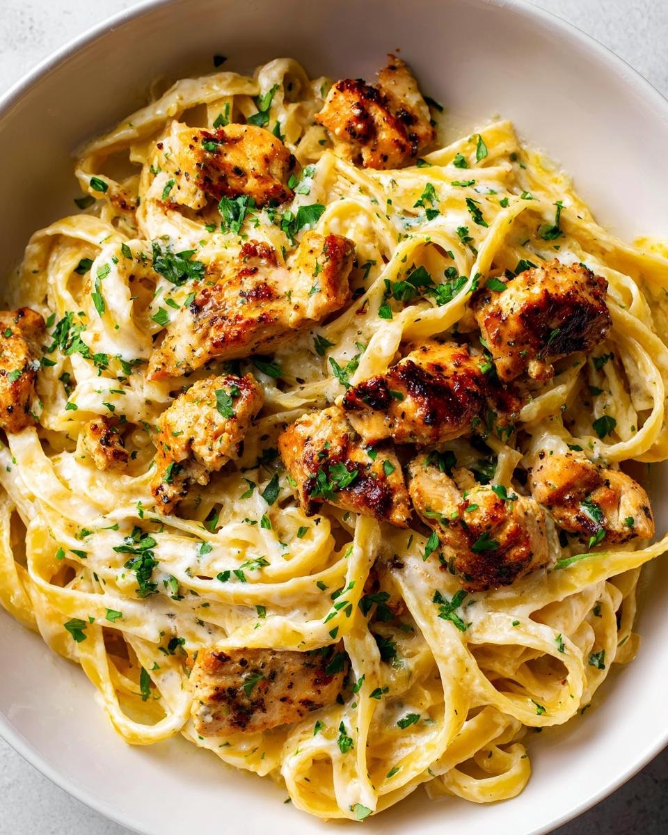 Close-up of creamy fettuccine pasta topped with seared chicken pieces and fresh parsley, featuring Garlic Parmesan Chicken Pasta.