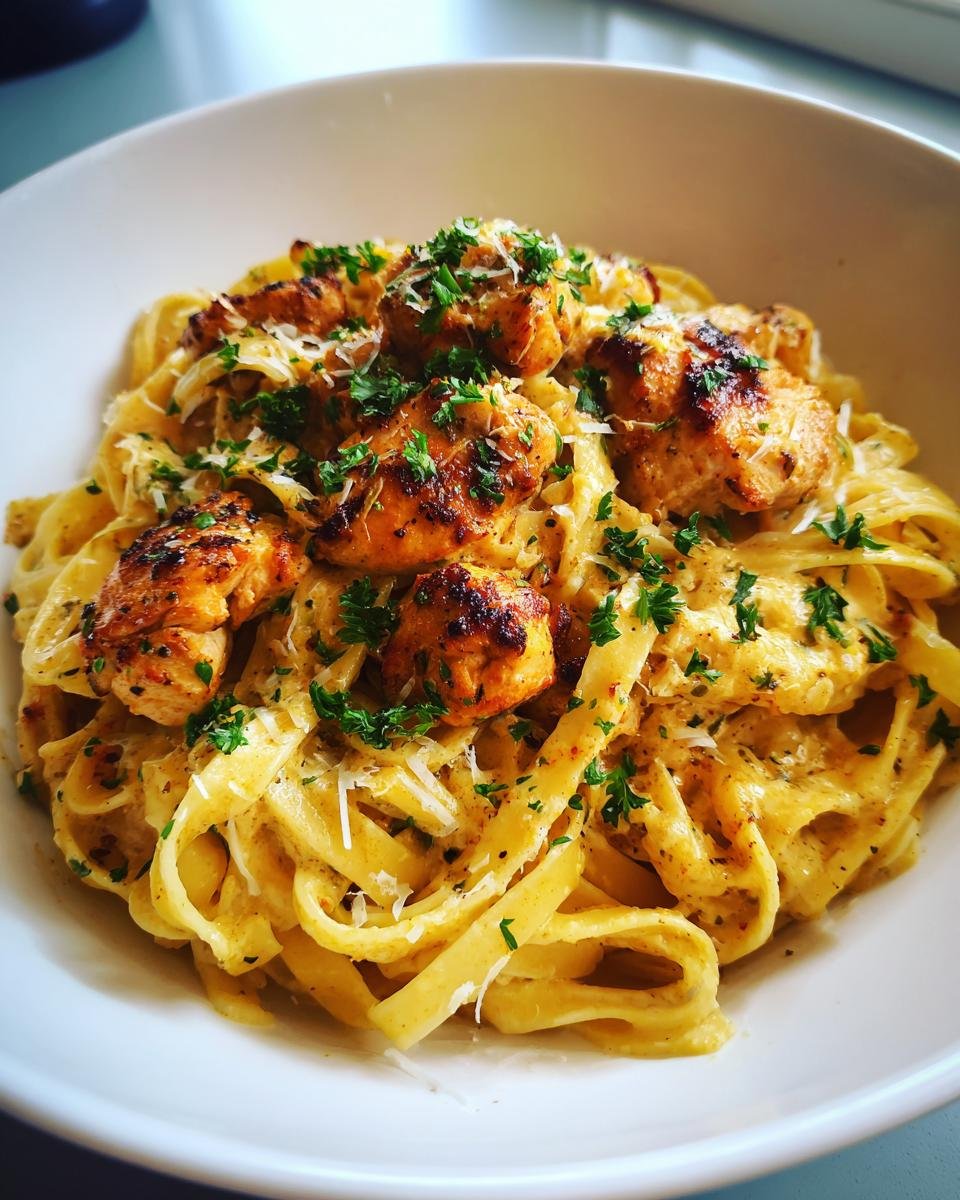 Close-up of creamy Garlic Parmesan Chicken Pasta featuring fettuccine, seared chicken pieces, and parsley garnish.