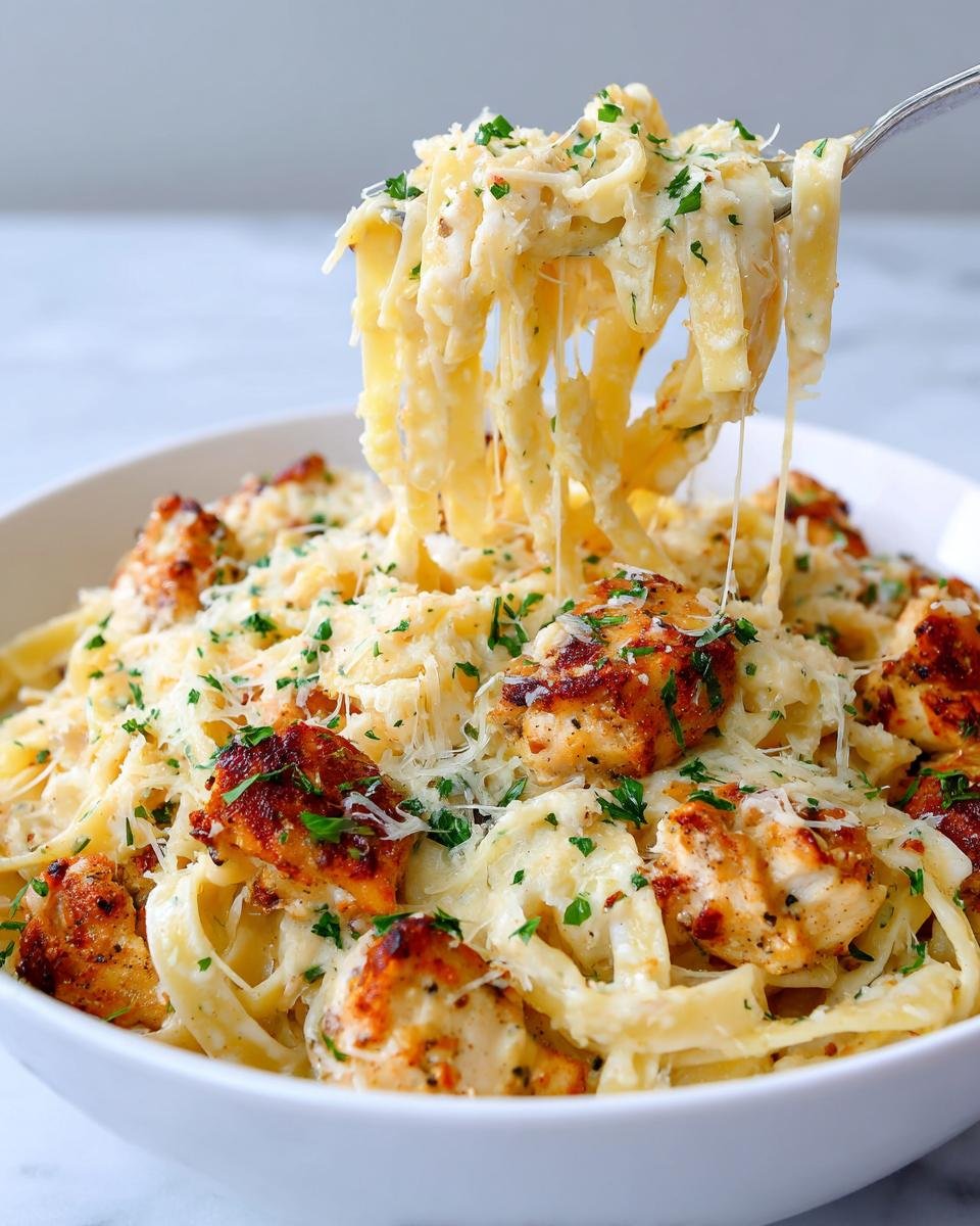 A fork lifting creamy fettuccine noodles from a bowl of Garlic Parmesan Chicken Pasta, showing cheese pull and browned chicken pieces.