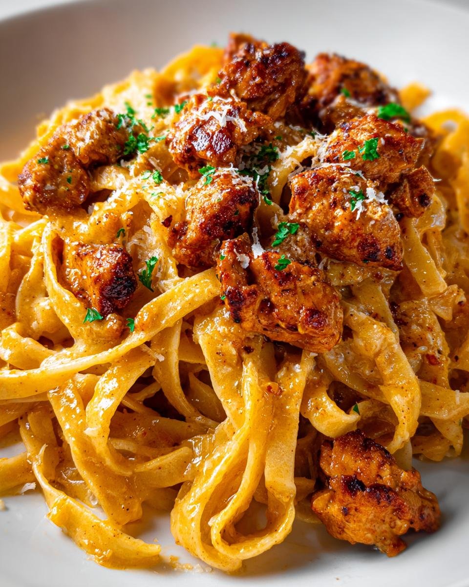 Close-up of creamy fettuccine pasta topped with seasoned, browned chicken pieces in a Garlic Parmesan Chicken Pasta dish.