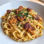 A close-up of creamy Garlic Parmesan Chicken Pasta featuring fettuccine, seared chicken pieces, and fresh parsley garnish.