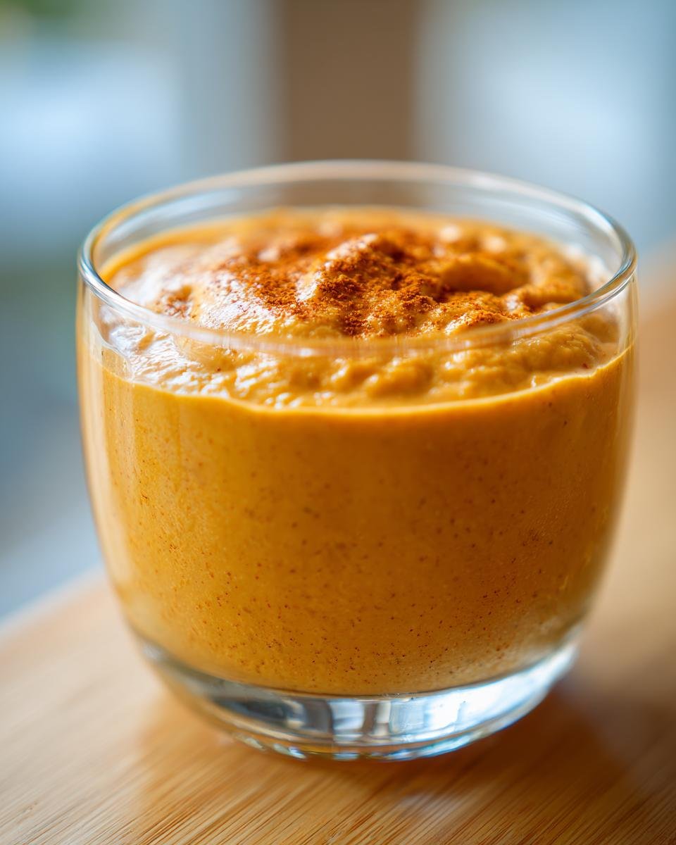 Close-up of a glass filled with thick, orange Pumpkin Mousse, topped with a sprinkle of cinnamon.