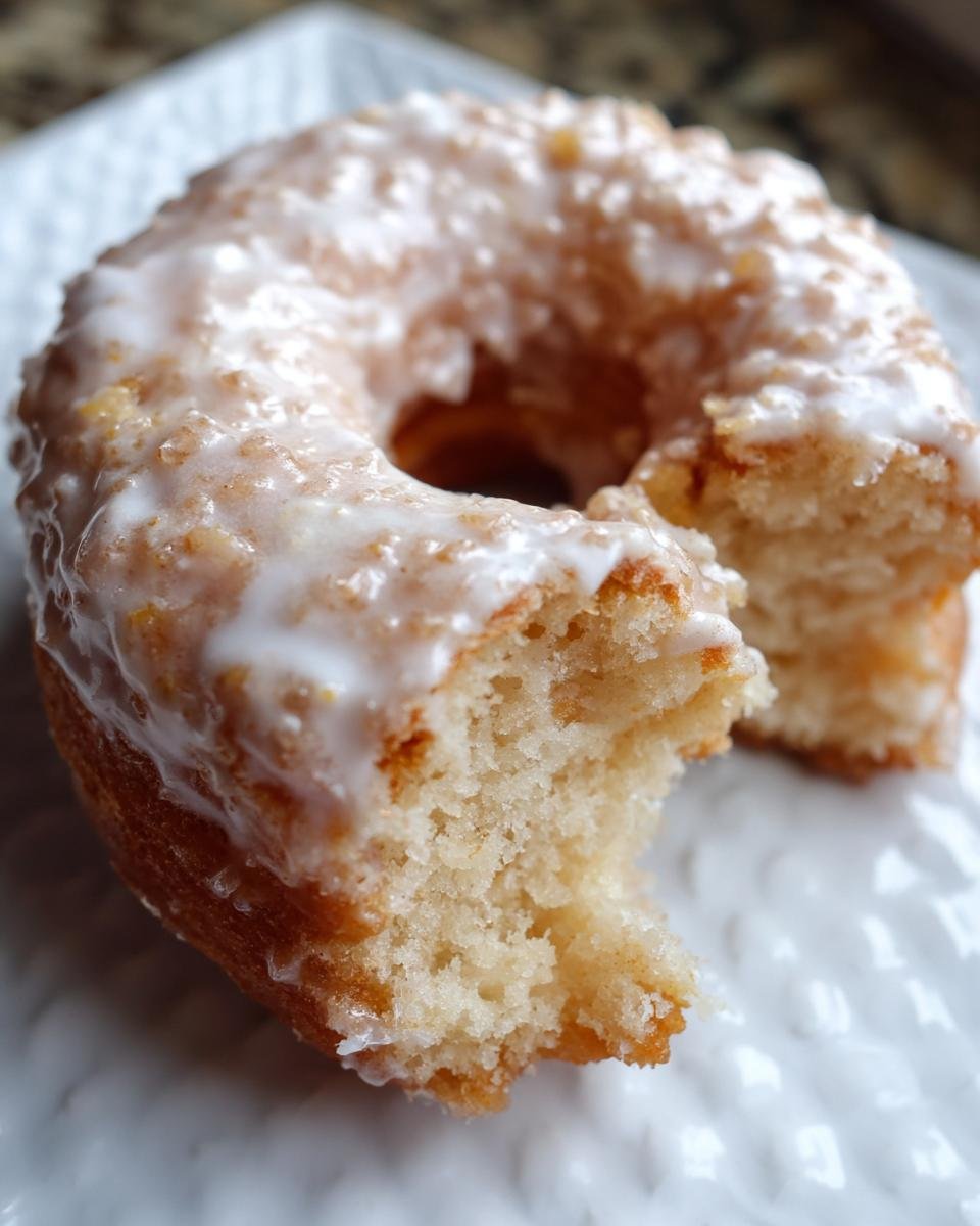 Close-up of a moist, glazed Apple Donuts on a white plate, showing the fluffy interior texture.