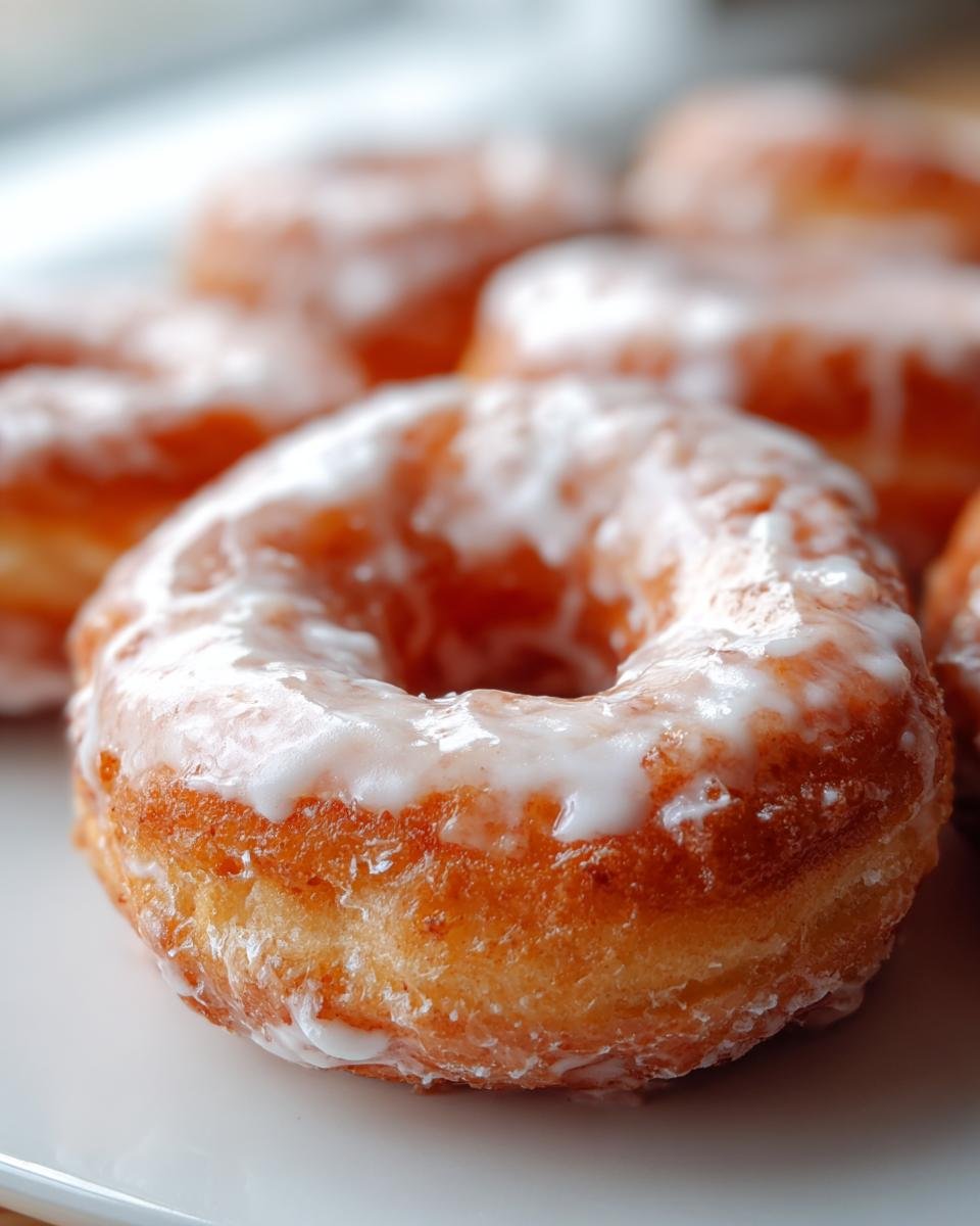 A close-up shot of a freshly glazed Apple Donut resting on a white plate with more donuts blurred in the background.